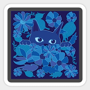 Blue Cat behind flowers Sticker